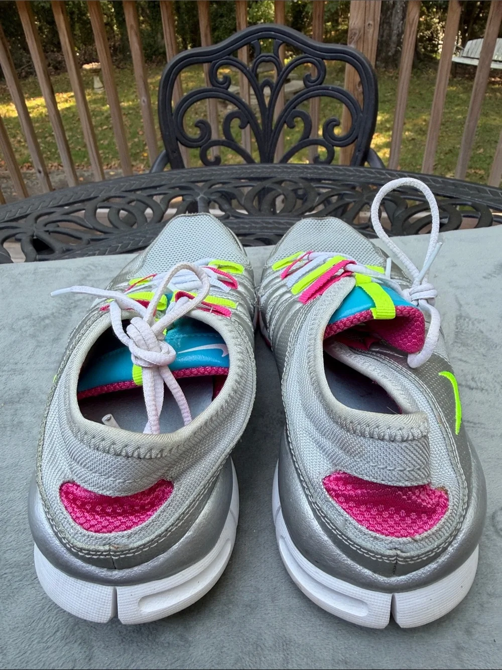 Nike Women's Silver Sneakers with Blue, Pink & Neon Yellow Accents